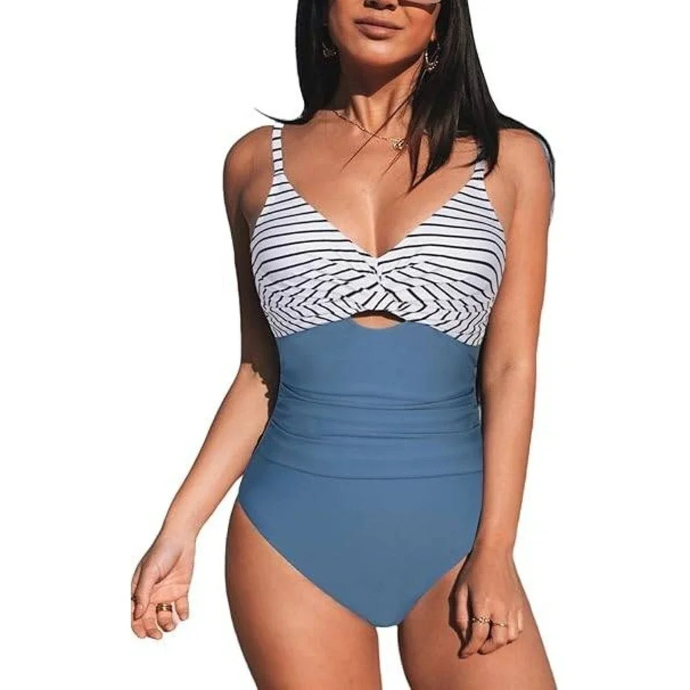 Cupshe Striped Twist Front Ruched One Piece Swimsuit Blue‎ White Small NWT